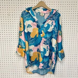 Tuckernuck Riviera Floral Willow Blouse Top Collared 3/4 Sleeve